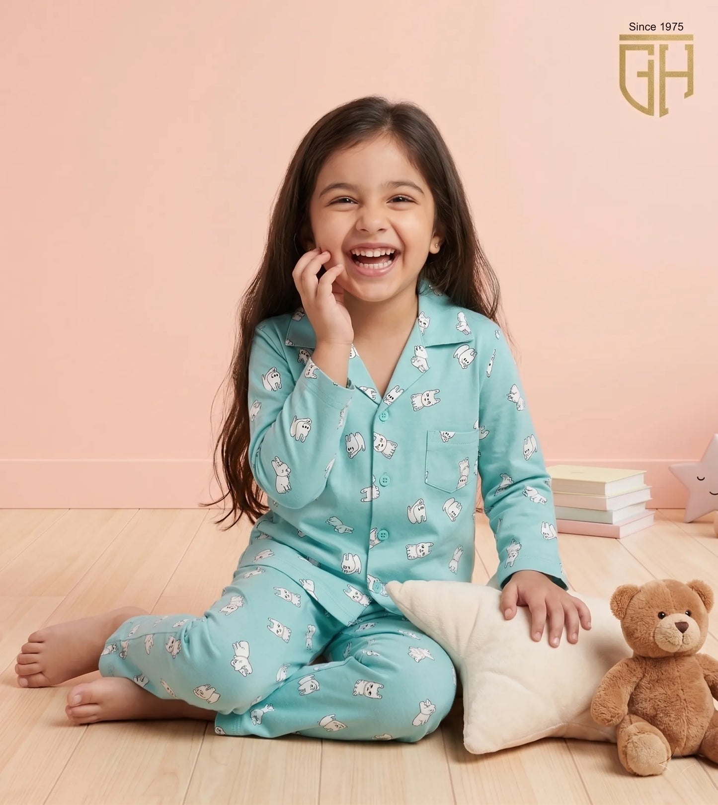 Bunny Print cute sea green night suit for girls