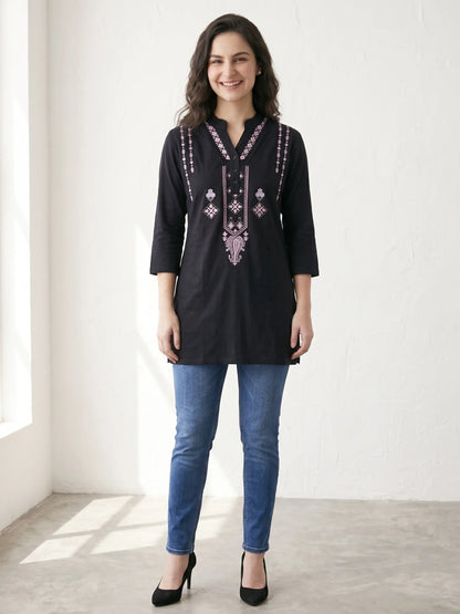 Black printed Short Kurti Tunic Tops for Women's | Kidley