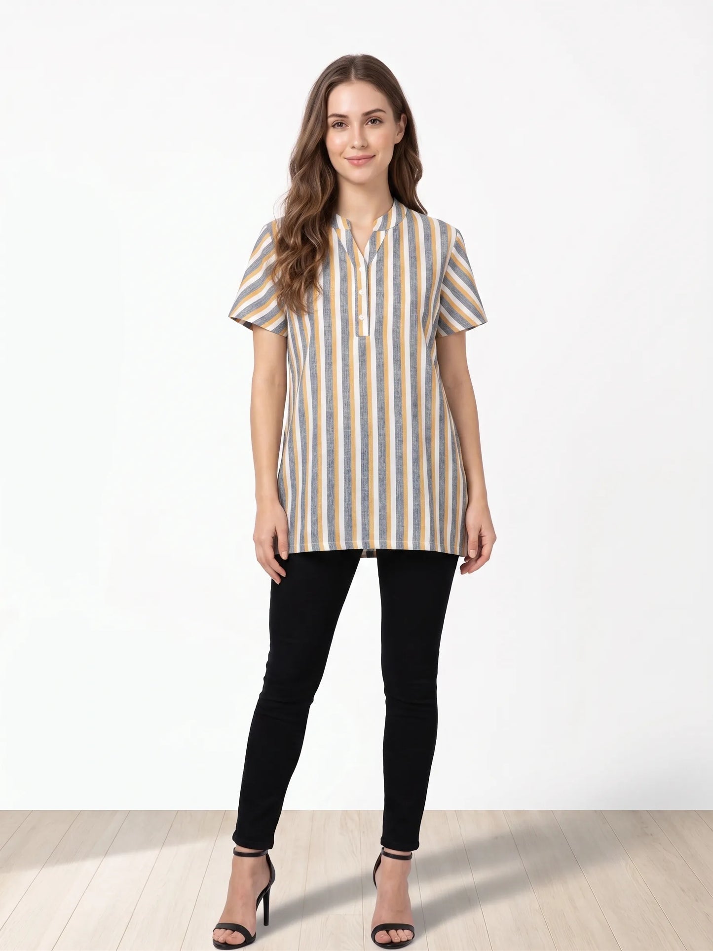 Multi-coloured  Striped mandarin collar Tunic for Women |Kidley