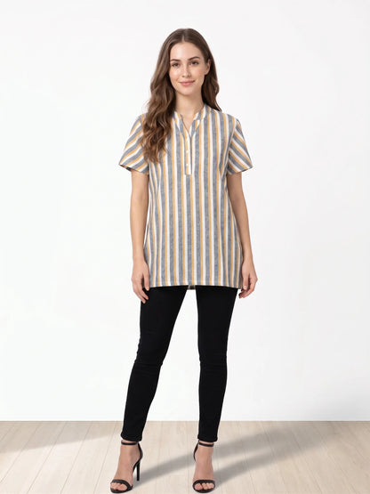 Multi-coloured  Striped mandarin collar Tunic for Women |Kidley