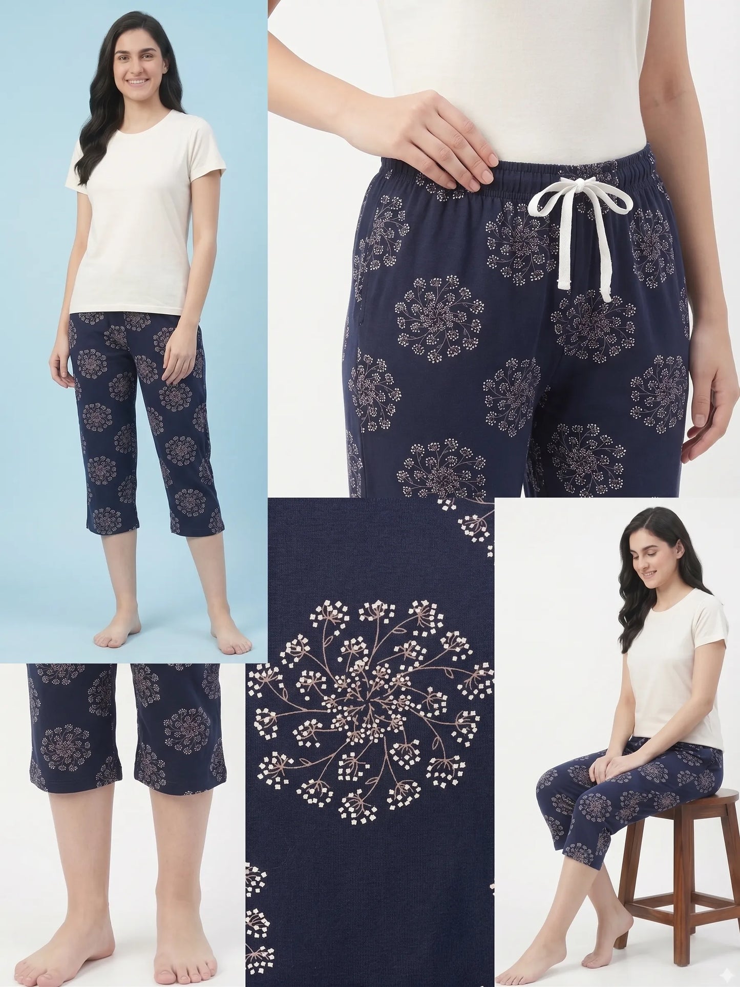 Navy Blue floral printed Hosiery Cotton Capri for Women |Kidley