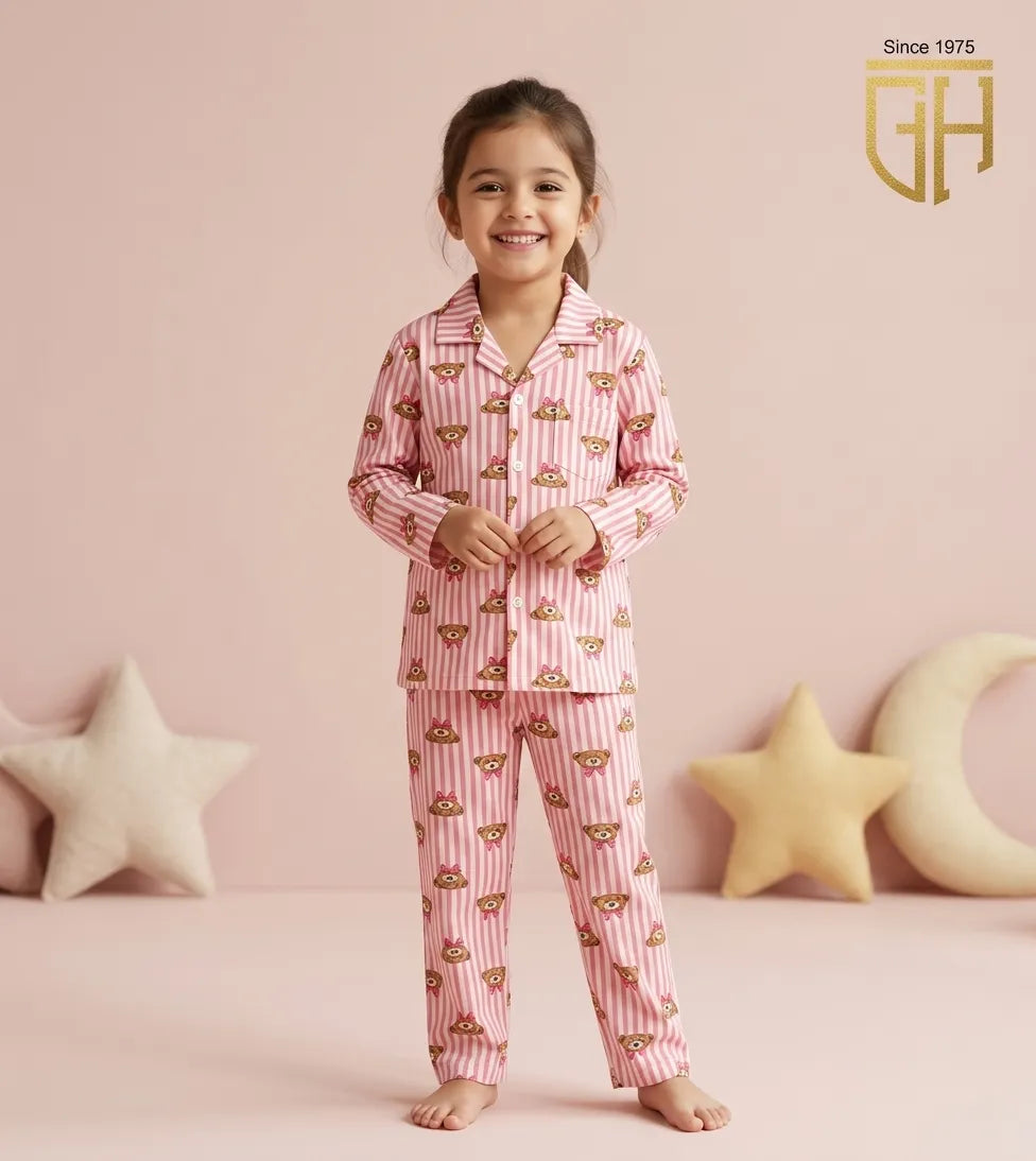 Teddy Print cute pink night suit for girls