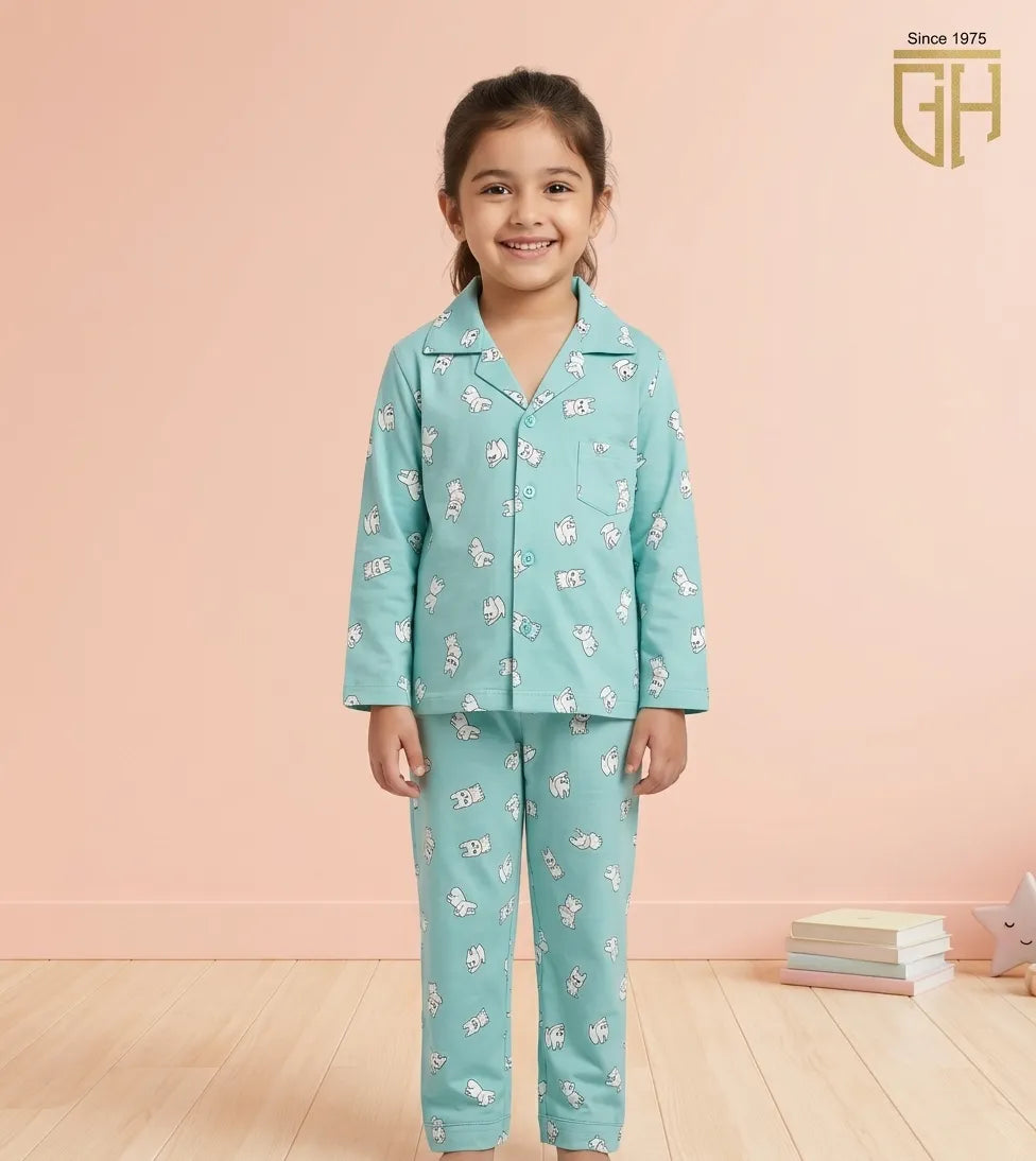 Sea green bunny print full sleeve night suit for girls - front view | Kidley