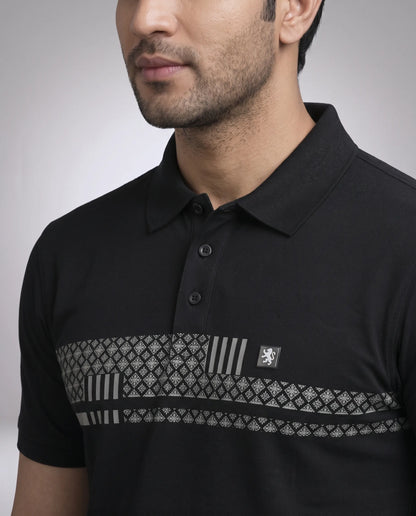 Black Printed Chest Polo T-Shirt for Men | Kidley