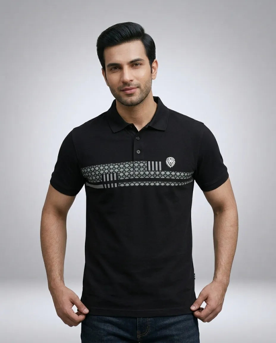 Black Printed Chest Polo T-Shirt for Men | Kidley