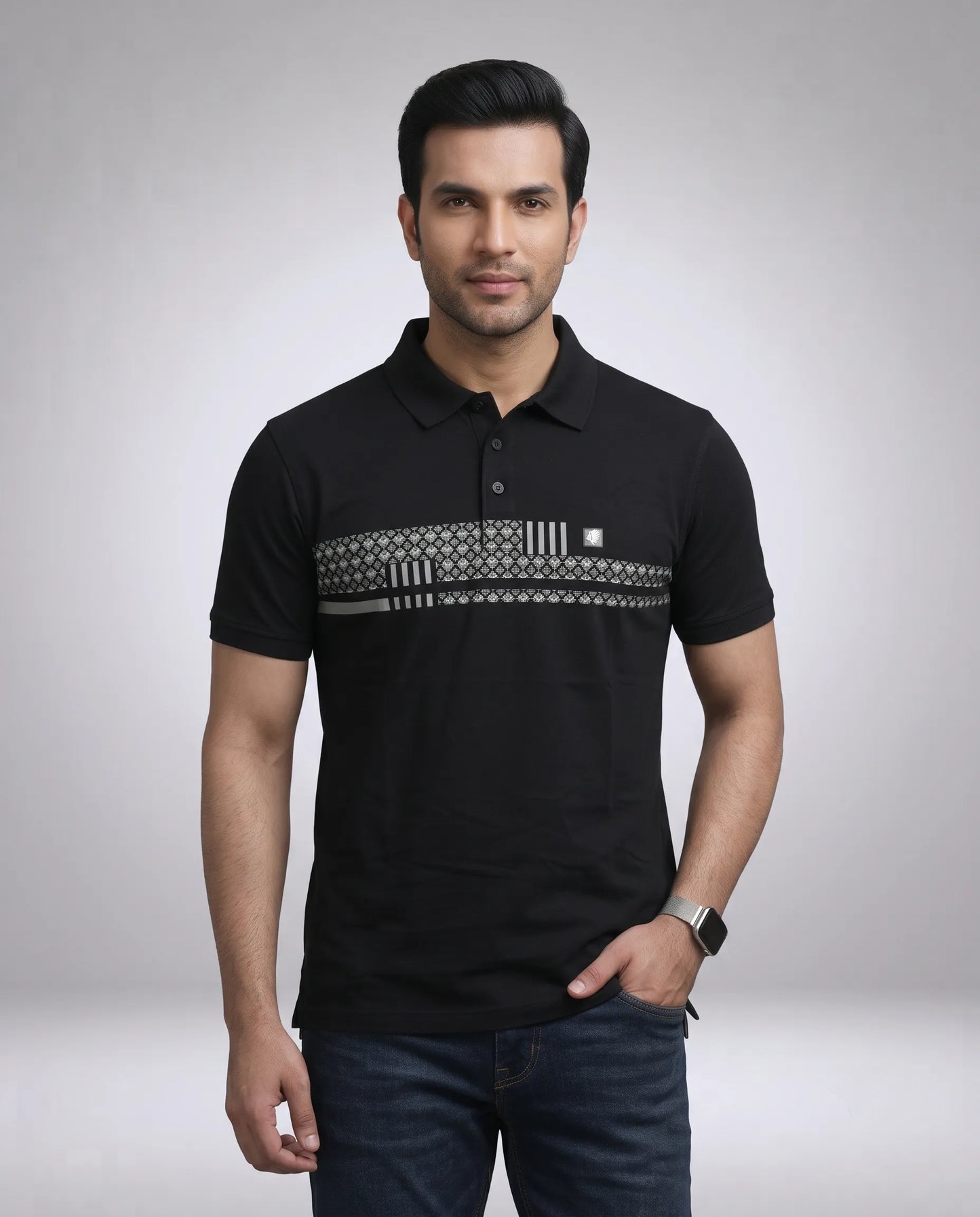 Black Printed Chest Polo T-Shirt for Men | Kidley