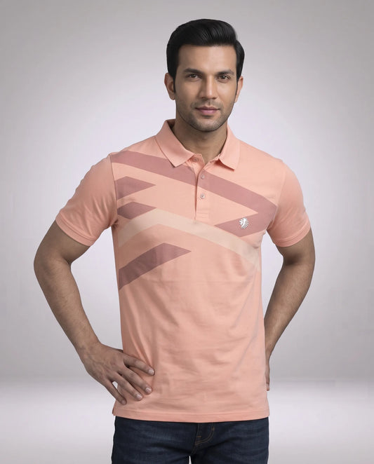 Peach geometric print polo t-shirt for men - front view | Kidley