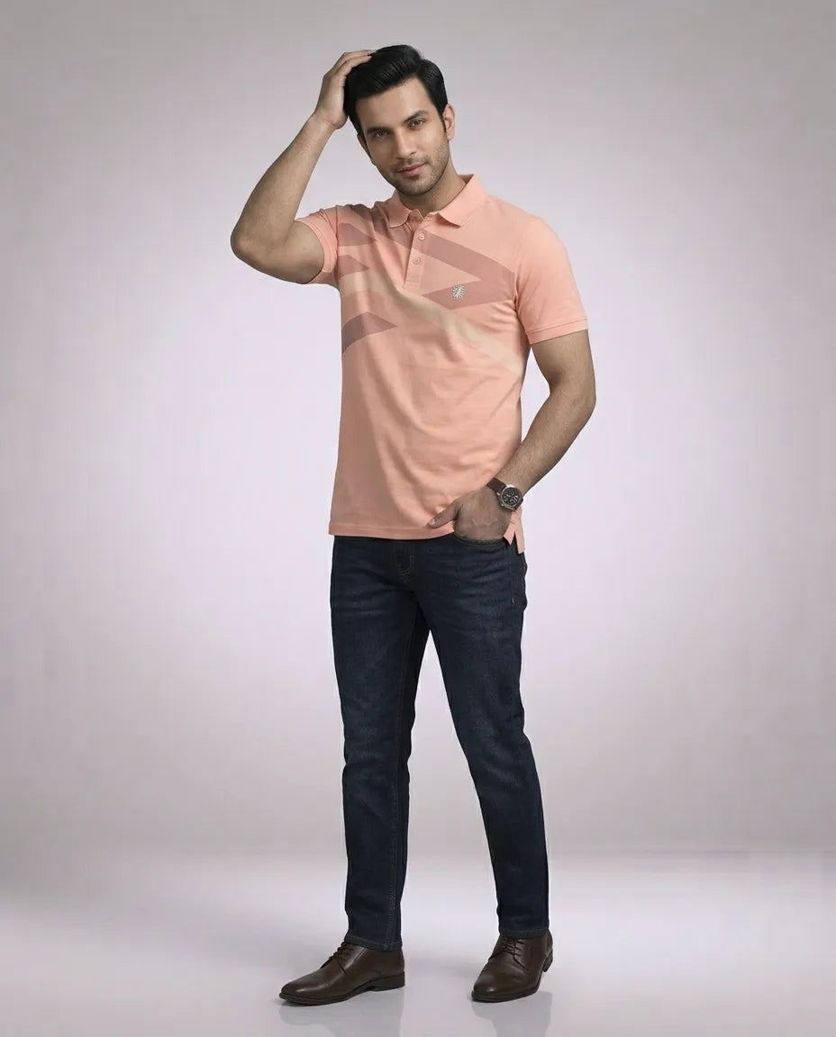 Peach Geometric Print Polo T-Shirt for Men