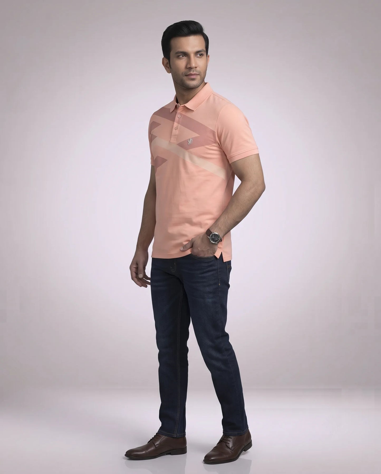 Peach Geometric Print Polo T-Shirt for Men