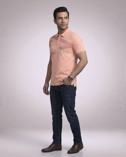 Peach Geometric Print Polo T-Shirt for Men